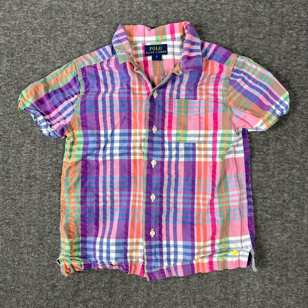 Polo Ralph Lauren Seersucker Button Up Shirt Kids Size 5 Pink Blue Madras Plaid